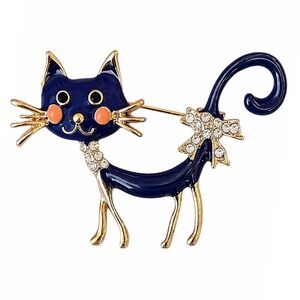 Navy Blue Enamel Cat Brooch Gold Tone Rhinestone Bow Whimsical Feline Pin